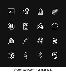 Editable 16 ornament icons for web and mobile. Set of ornament included icons line Indian, Leaf, Flower, Taoism, Certificate, Musket, Bird cage, Snow, Wedding invitation on black background