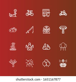 Editable 16 outdoor icons for web and mobile. Set of outdoor included icons line Sprinkler, Balloons, Balloon, Palm tree, Swiss army knife, Apron, Bonfire, Wire, Fishing on red