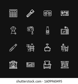 Editable 16 oven icons for web and mobile. Set of oven included icons line Fireplace, Toaster, Microwave oven, Tandoor, Brick grill, Tongs, Microwave, Ketchup on black background