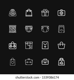 Editable 16 pack icons for web and mobile. Set of pack included icons line Bag, Lunchbox, Briefcase, Shopping bag, Package, Take away, Diaper, Gift on black background
