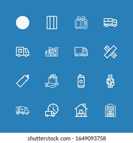 Editable 16 package icons for web and mobile. Set of package included icons line Warehouse, Delivery truck, Truck, Postman, Energy drink, Shopping bag, Bottle on blue background