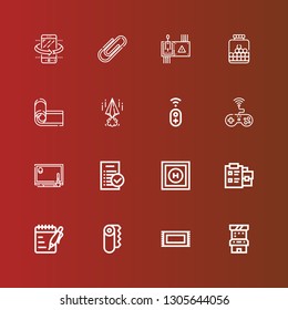 Editable 16 pad icons for web and mobile. Set of pad included icons line Arcade game, Rug, Paper, Notes, Notepad, Helipad, Tasks, Drawing tablet, Game, Controller, Papers on red