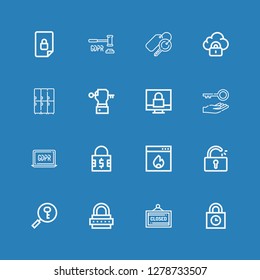 Editable 16 padlock icons for web and mobile. Set of padlock included icons line Padlocks, Closed, Lock, Password, Unlocked, Firewall, Padlock, GDPR, Key, Lockers on blue background