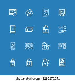 Editable 16 padlock icons for web and mobile. Set of padlock included icons line Ssl, Lock, Padlock, Lockers, Firewall, Locked, Key, Unlock, Password, Security on blue background
