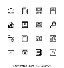 Editable 16 page icons for web and mobile. Set of page included icons line Browser, Contract, Date, Calendar, Booking, Book, Folder, Add, Home, Workbook, Wireframe on white background