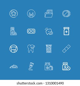 Editable 16 pain icons for web and mobile. Set of pain included icons line Medicine, Medicines, Knuckle, Bandage, Guillotine, Tooth, Painkiller, Drugs, Vitamin on blue background