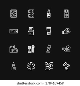 Editable 16 painkiller icons for web and mobile. Set of painkiller included icons line Drugs, Gauze, Medicine, Pill, Medicines, Ointment, Pills, Antibiotic on black background