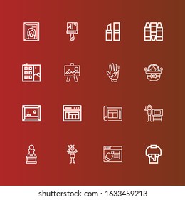 Editable 16 paint icons for web and mobile. Set of paint included icons line Paint bucket, Design, Paintball, Art, Graphic designer, Layout, Painting, Easter eggs, Tattoo on red