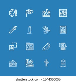 Editable 16 iconos de pintura para web y móvil. Conjunto de pintura que incluye iconos línea Pintura, Papel pintado, Pantone, Diseño, Pluma, Diseño gráfico, Diseño gráfico, Diseño gráfico sobre fondo azul