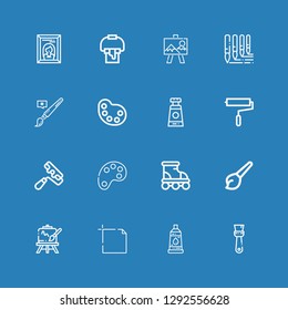 Editable 16 painter icons for web and mobile. Set of painter included icons line Brush, Paint tube, Art, Easel, Roller, Color palette, Paint roller, Palette on blue background