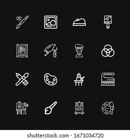 Editable 16 painter icons for web and mobile. Set of painter included icons line Paint, Painting, Art, Artist, Brush, Easel, Palette, Trowel, Paint brush, Beret on black background