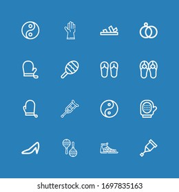 Editable 16 pair icons for web and mobile. Set of pair included icons line Crutch, Sandals, Maraca, Heels, Glove, Yin yang, Gloves, Wedding rings on blue background