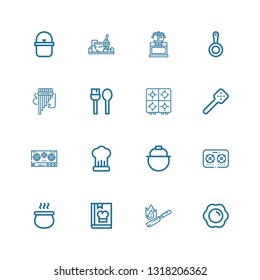 Editable 16 pan icons for web and mobile. Set of pan included icons line Fried egg, Flambe, Cook, Pot, Stove, Cooking, Slotted spoon, Utensils, Panpipe, Pan on white background