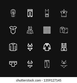 Editable 16 pants icons for web and mobile. Set of pants included icons line Bikini, Jeans, Underwear, Shorts, Hoodie, Cardigan, Clothes, Cloth, Clothing, Baby clothes on black background
