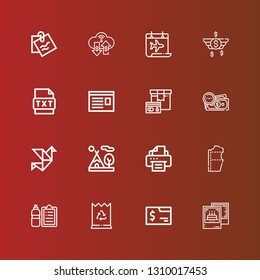 Editable 16 Paper Icons For Web And Mobile. Set Of Paper Included Icons Line Pictures, Folder, Paper Bag, Check List, Pattern, Printer, Tipi, Origami, Money, Package, Newspaper On Red