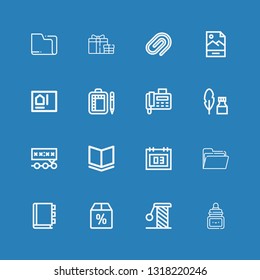 Editable 16 paper icons for web and mobile. Set of paper included icons line Ink, Scratching, Offer, Appointment book, Folder, Calendar, Book, Deadline, Fax on blue background
