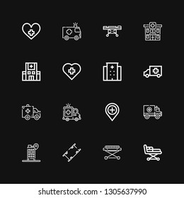 Editable 16 paramedic icons for web and mobile. Set of paramedic included icons line Stretcher, Hospital, Ambulance on black background