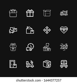 Editable 16 parcel icons for web and mobile. Set of parcel included icons line Van, Package, Delivery, Box, Gifts, Delivery truck, Present, Gift, Move on black background