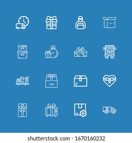 Editable 16 parcel icons for web and mobile. Set of parcel included icons line Delivery, Package, Gift, Gift box, Delivery truck, Gifts, Storage box, Box, Delivery man on blue background