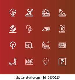 Editable 16 iconos de parque para web y móvil. Conjunto de parques incluye íconos línea Estacionamiento, Árbol, Paisaje, Banco, Paisaje, Parque, Caravana, Fuente, camión de parachoques, Árboles, Savannah en rojo