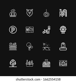 Editable 16 park icons for web and mobile. Set of park included icons line Landscape, Roller coaster, Picnic, Tree, Fountain, Camping, Segovia, Ferris wheel on black background