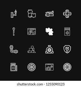 Editable 16 part icons for web and mobile. Set of part included icons line Wheel, Settings, Matches, Blocks, Pipe, Puzzle, Match, Brake, Suspension on black background