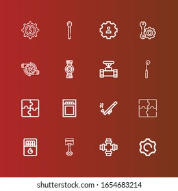 Editable 16 part icons for web and mobile. Set of part included icons line Settings, Pipe, Piston, Matches, Puzzle, Match, Tracing wheel, Pipes, Engine, Setting on red