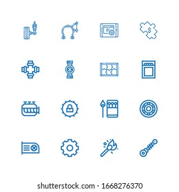 Editable 16 part icons for web and mobile. Set of part included icons line Suspension, Matches, Settings, Cpu, Wheel, Engine, Match, Puzzle, Pipes, Pipe, Brake on white background