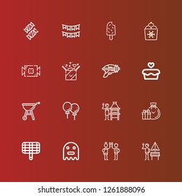 Editable 16 party icons for web and mobile. Set of party included icons line German, Toast, Ghost, Grill, Gifts, Brick grill, Balloons, Cupcake, Blaster, Gift, Candy, Ice cream on red