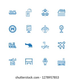 Editable 16 passenger icons for web and mobile. Set of passenger included icons line Bus, Seatbelt, Bus stop, Plane, Aviation, Boat, Helicopter, Train, Airport on white background