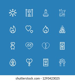 Editable 16 passion icons for web and mobile. Set of passion included icons line Couple, Love, Heart, Fire, Broken heart, Bonfire on blue background