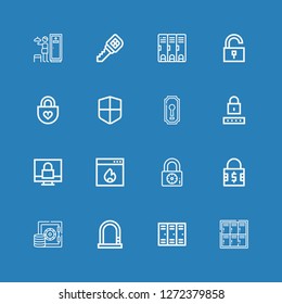 Editable 16 password icons for web and mobile. Set of password included icons line Locker, Lockers, Lock, Safebox, Padlock, Firewall, Password, Keyhole, Unlock on blue background