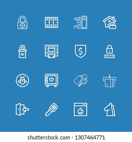 Editable 16 password icons for web and mobile. Set of password included icons line Trojan, Firewall, Key, Login, Atm, Keys, Strongbox, Bug, Password, Protection on blue background