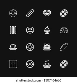 Editable 16 pastry icons for web and mobile. Set of pastry included icons line Biscuits, Pie, Donut, Waffle, Bread, Pancake, Bagel, Jelly, Cupcake, Cookie on black background
