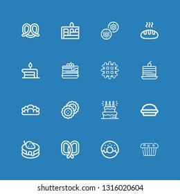 Editable 16 pastry icons for web and mobile. Set of pastry included icons line Muffin, Donut, Pretzel, Pancake, Pie, Cake, Biscuit, Bread, Waffle, Pancakes on blue background