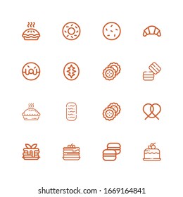 Editable 16 pastry icons for web and mobile. Set of pastry included icons line Cake, Macaron, Pancakes, Pancake, Pretzel, Biscuit, Baguettes, Pie, Biscuits on white background