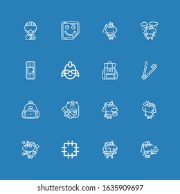 Editable 16 patch icons for web and mobile. Set of patch included icons line Unicorn, Patch, Backpack, Safety pin, Punk, Plaster, Sticker, Military on blue background