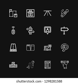 Editable 16 path icons for web and mobile. Set of path included icons line Choice, Tracking, Direction, Path, Split, Road, Location pin, Controller, Motorway on black background