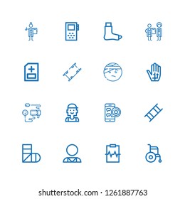 Editable 16 patient icons for web and mobile. Set of patient included icons line Wheelchair, Cardiogram, Psychologist, Sling, Stretcher, Medical appointment on white background