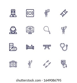 Editable 16 patient icons for web and mobile. Set of patient included icons line Blood bag, Stretcher, Nurse, First aid, Stethoscope, Hospital bed, Sling, Dentist on white background