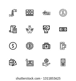 Editable 16 pay icons for web and mobile. Set of pay included icons line Atm, Money, Cards, Payment method, Bitcoin, Coin, Dollar, Bill, Voucher, Loan on white background