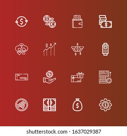 Editable 16 pay icons for web and mobile. Set of pay included icons line Dollar, Money, Sign, Budget, Gift card, Cheque, Payment, Wallet, Exchange, Currency exchange on red