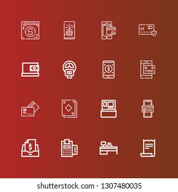 Editable 16 paying icons for web and mobile. Set of paying included icons line Receipt, Cash machine, Payment, Taxes, Online payment, Card, Payment method, Parking meter on red