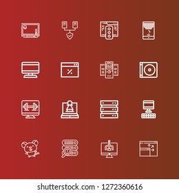 Editable 16 pc icons for web and mobile. Set of pc included icons line Screen, Hacker, Server, Mouse, Computer, Laptop, Dvd, Servers, Browser, Game, Drawing tablet on red