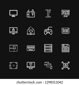 Editable 16 pc icons for web and mobile. Set of pc included icons line Vpn, Devices, Monitor, Tablet, Diskette, Server, Vga, Screen, Keyboard, Gamepad, Laptop on black background