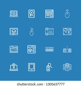 Editable 16 pc icons for web and mobile. Set of pc included icons line Servers, Controller, Tablet, Computer, Gamepad, Keyboard, Browser, Scroll, Mouse, Laptop on blue background