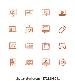 Iconos editables de 16 pc para web y móvil. Conjunto de pc incluidos iconos línea Cpu, Screen, Laptop, Ebook, Gamepad, Drawing tablet, Ram, Usb, Monitor, Computer on White Background