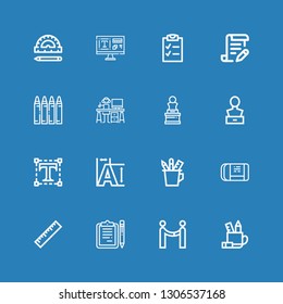 Editable 16 pen icons for web and mobile. Set of pen included icons line Pencil case, Agreement, Clipboards, Ruler, Eraser, Typography, Sculpture, Art, Graphic designer on blue background