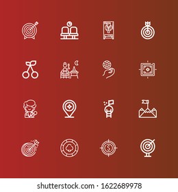 Editable 16 perfect icons for web and mobile. Set of perfect included icons line Darts, Target, Casino chip, Dartboard, Goal, Singer, Terrace, Cherry, Freezer, Waiting room on red