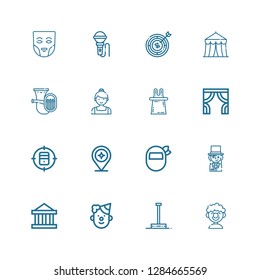 Editable 16 performance icons for web and mobile. Set of performance included icons line Clown, Pole dance, Theater, Magician, Mask, Target, Curtains, Magic on white background